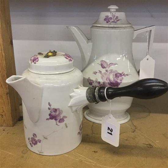 18C Meissen style chocolate pot with turned wood handle, decorated puce flowers (repaired) & similar later coffee pot